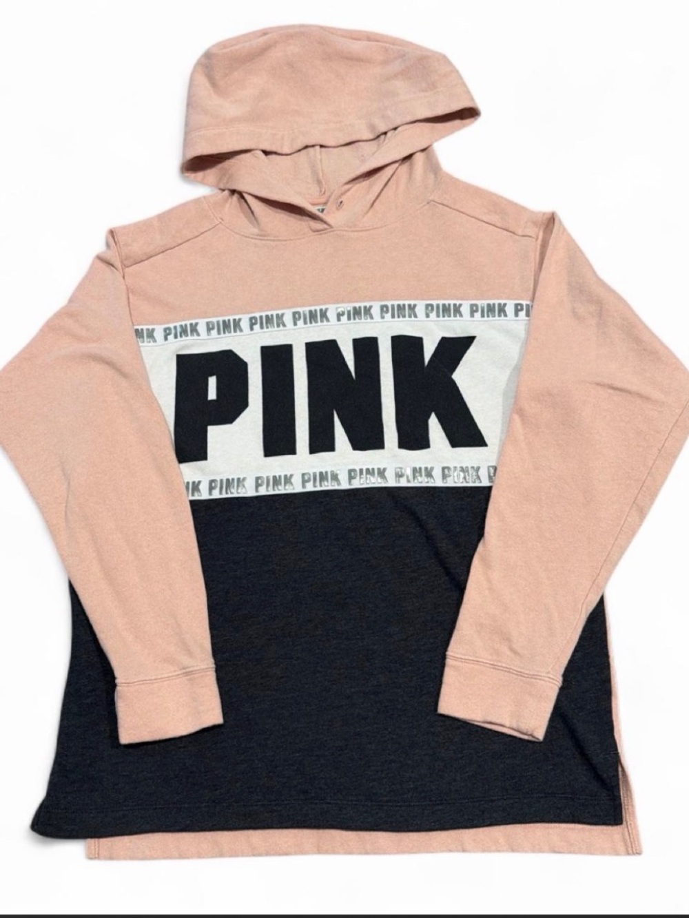 PINK Victoria's Secret Hooded Colorblock Pullover - Light Pink, Black & White